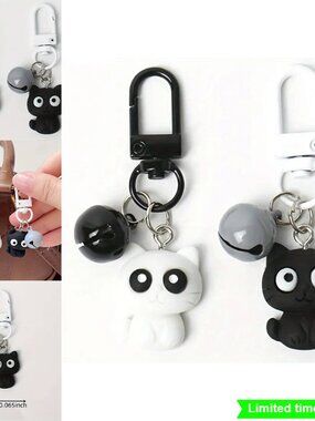 Set of 2 Black & White Cat PVC Keychains with Metal Clasps